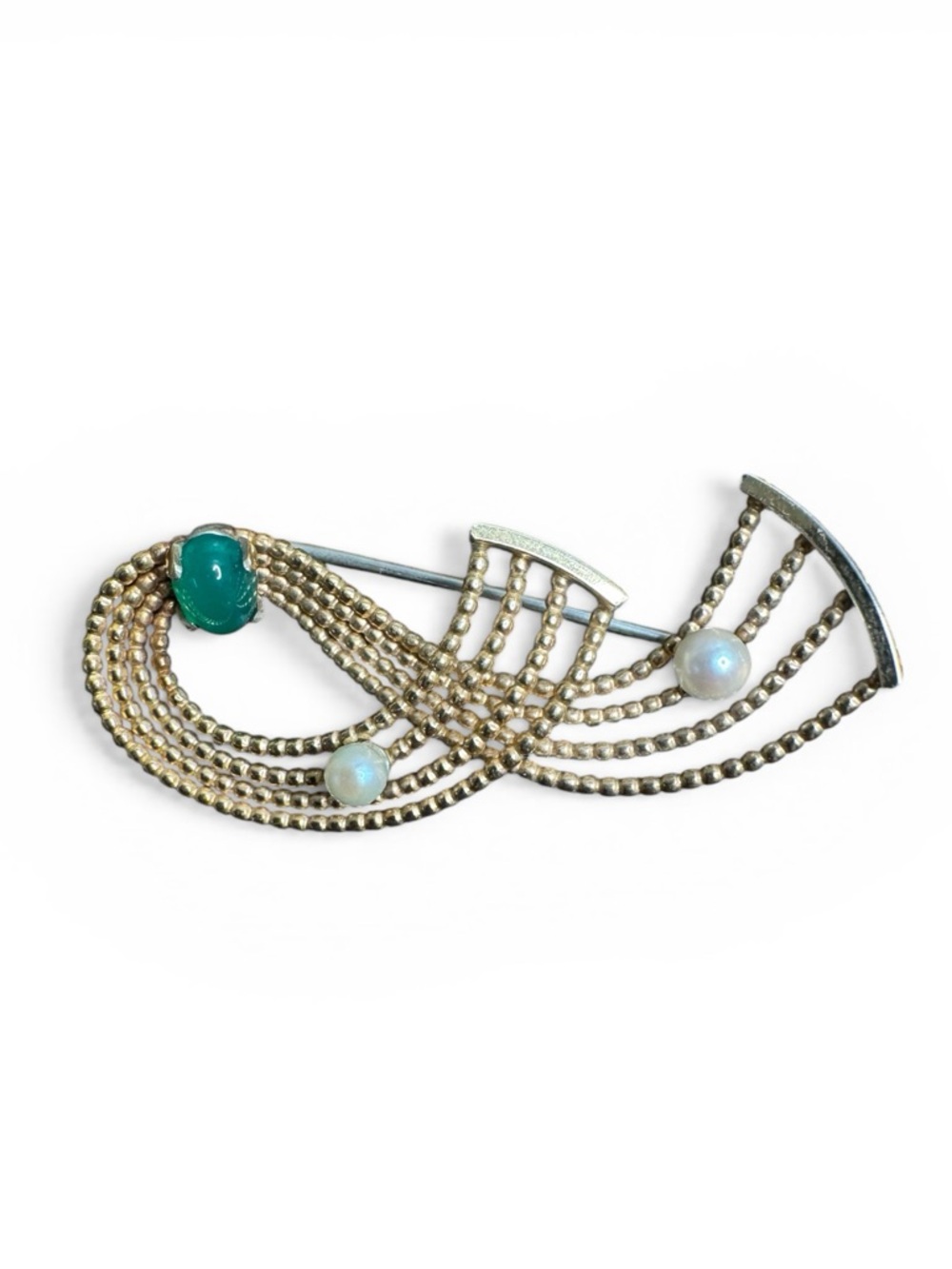 Krementz Jade and Pearl Wavy Pin Brooch 14K Gold Overlay Vintage Mid Century